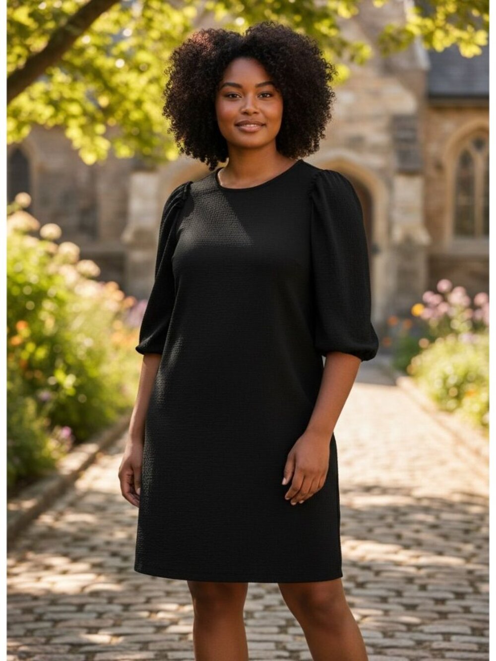 Ann Taylor Womens M Black Textured Puff Sleeve Shift Dress Career Knee Length